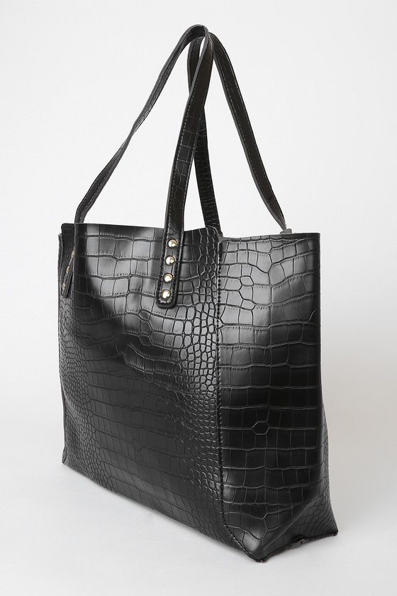Cute Black Tote Bag - Crocodile Embossed Tote Bag - Vegan Bag - Lulus