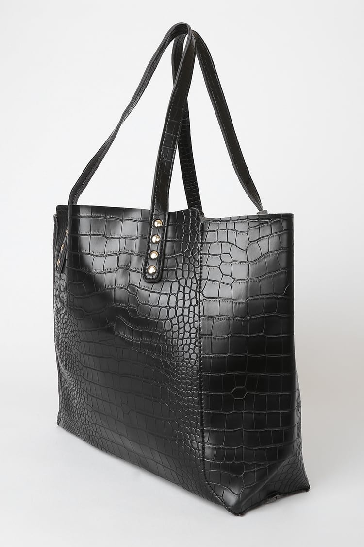 Yuto Embossed Leather Tote Bag Black