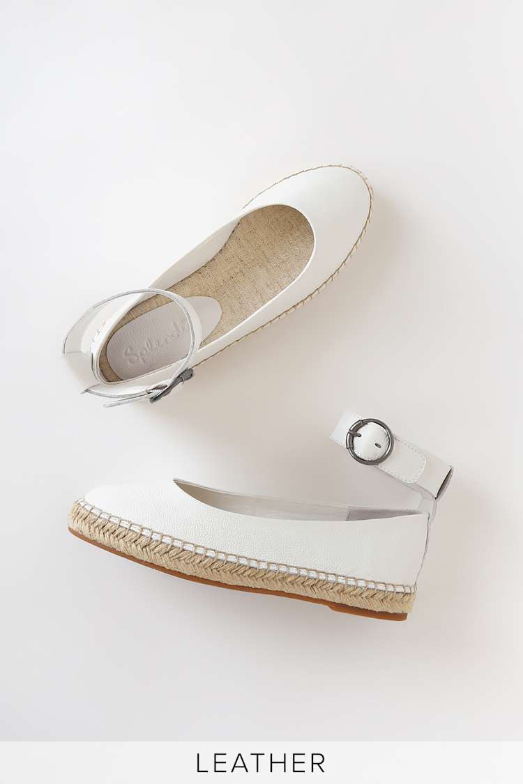 Ace White Leather Espadrille Ankle-Strap Flats