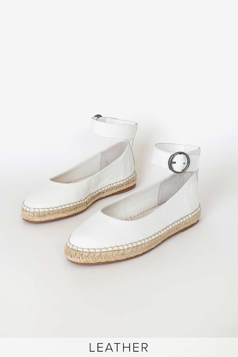 Ace White Leather Espadrille Ankle-Strap Flats