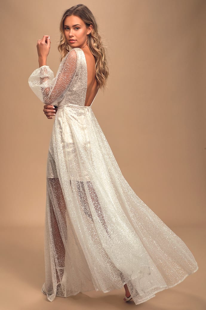 White Glitter Dress Mesh Gown Balloon Sleeve Maxi Dress