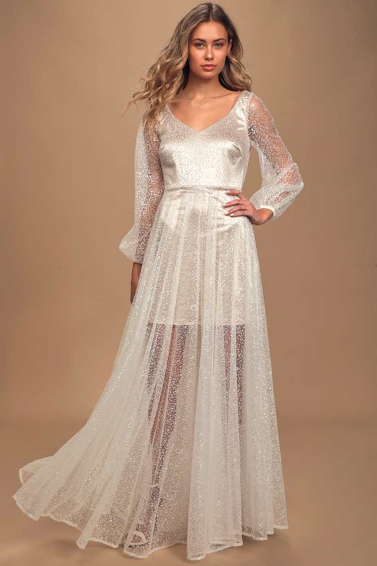 Play My Song Ivory and Champagne Long Sleeve Maxi Dress
