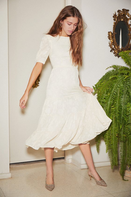 cream tiered midi dress