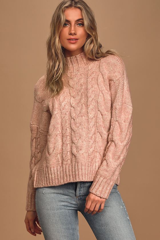 One More Heather Blush Cable Knit Mock Neck Sweater 4