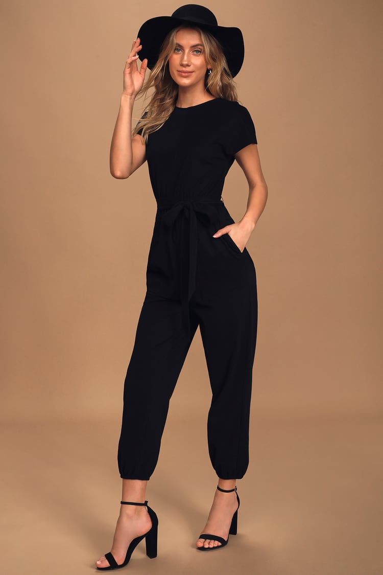 On A Road Trip Black Short Sleeve Jumpsuit