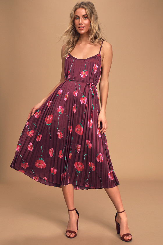 Plum Purple Floral Print Dress - Midi Dress - Pleated Dress - Lulus