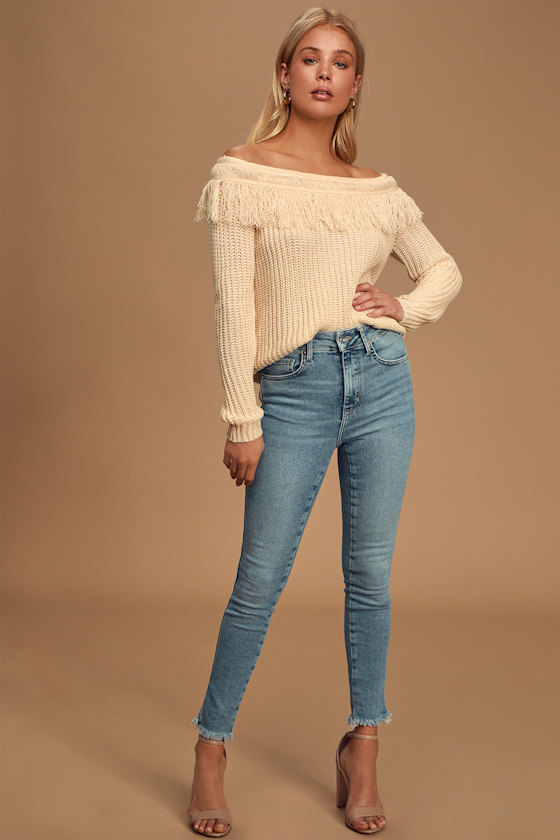 Sew Prepared Cream Off-The-Shoulder Knit Fringe Sweater 2