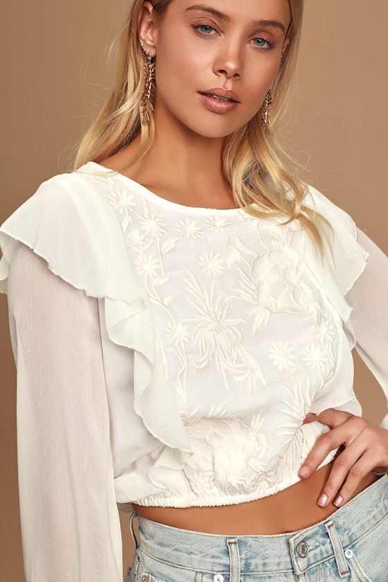 White Top Embroidered Floral Blouse Ruffled Long Sleeve Top Lulus