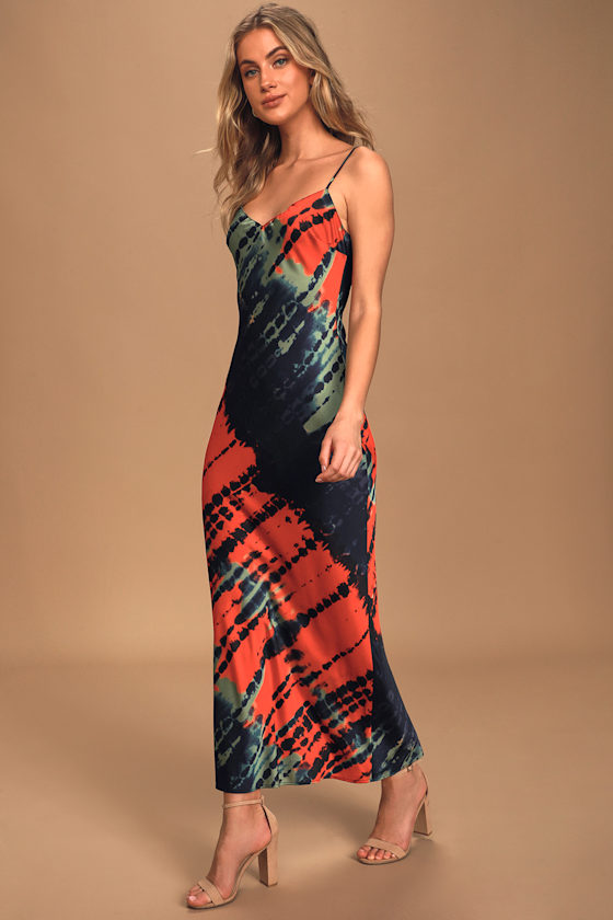 Full of Promise Navy Blue Multi Tie-Dye Satin Midi Slip Dress 3