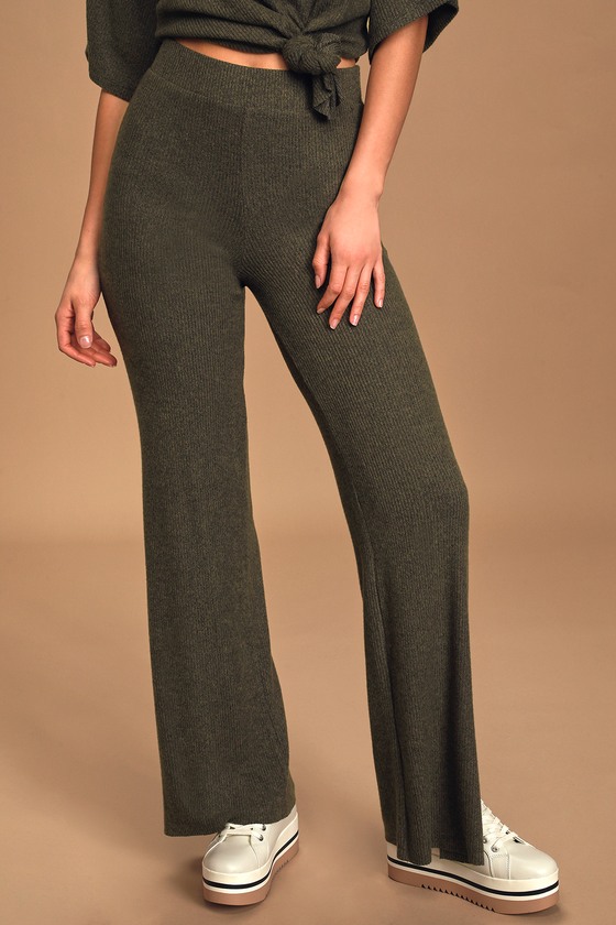 Olive Green Ribbed Wide Leg Pants - Green Sweats - Lounge Pants