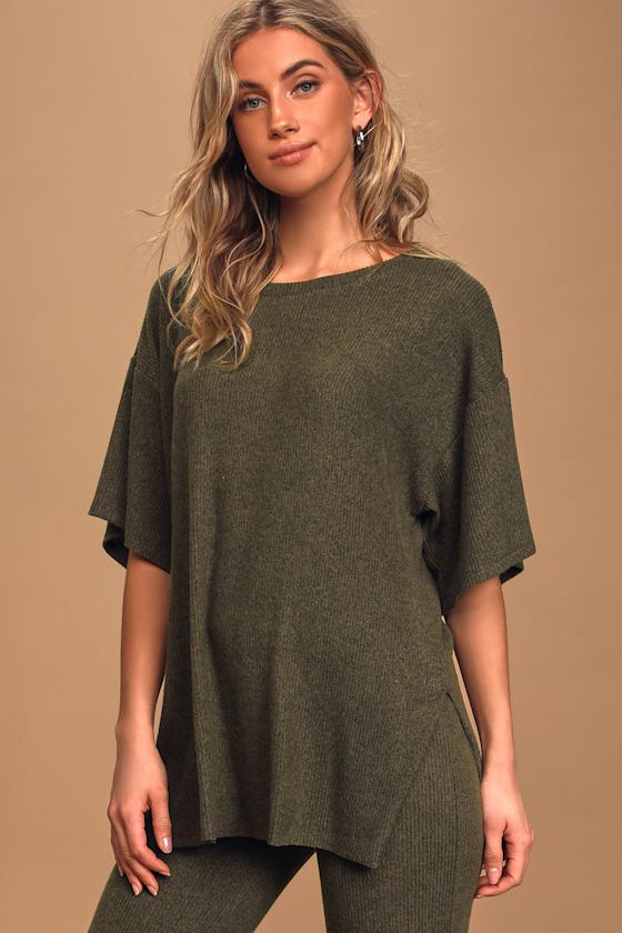 Laze For Days Olive Green Ribbed Short Sleeve Tunic Top 2
