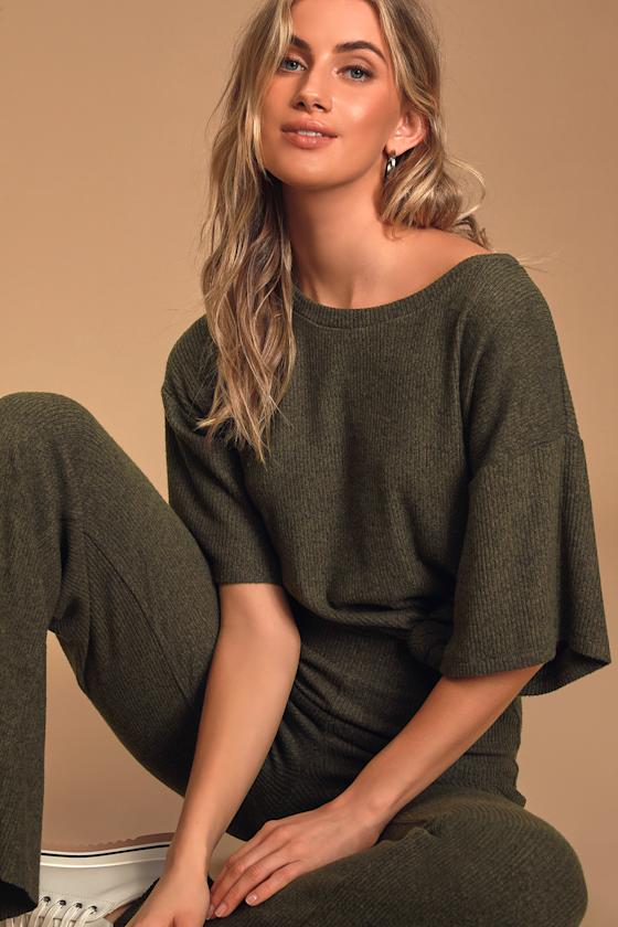 Laze For Days Olive Green Ribbed Short Sleeve Tunic Top 5
