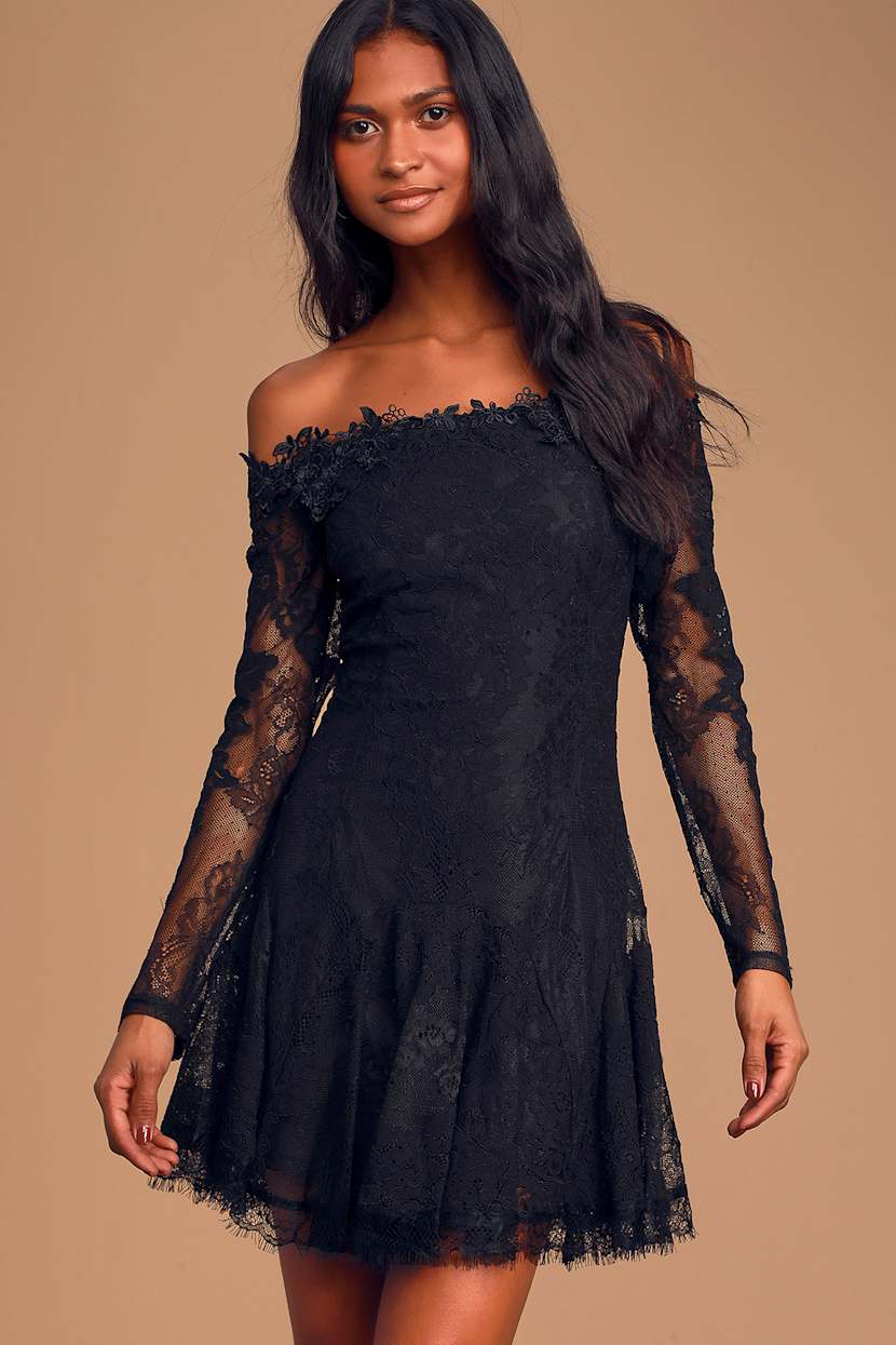 Black Dress - Long Sleeve Dress - Off-the-Shoulder Mini Dress - Lulus Black Dress - Long Sleeve Dress - Off-the-Shoulder Mini Dress - Lulus