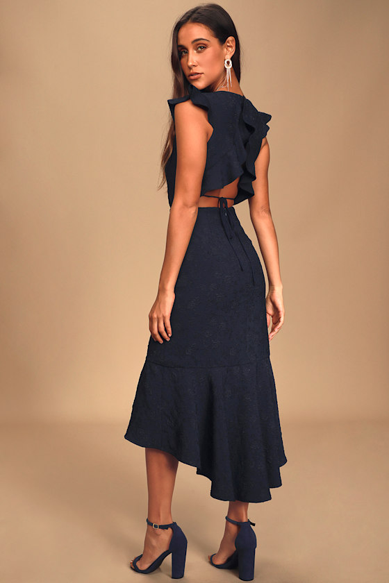 Sophisticated Soiree Navy Blue Jacquard Backless High-Low Dress 3