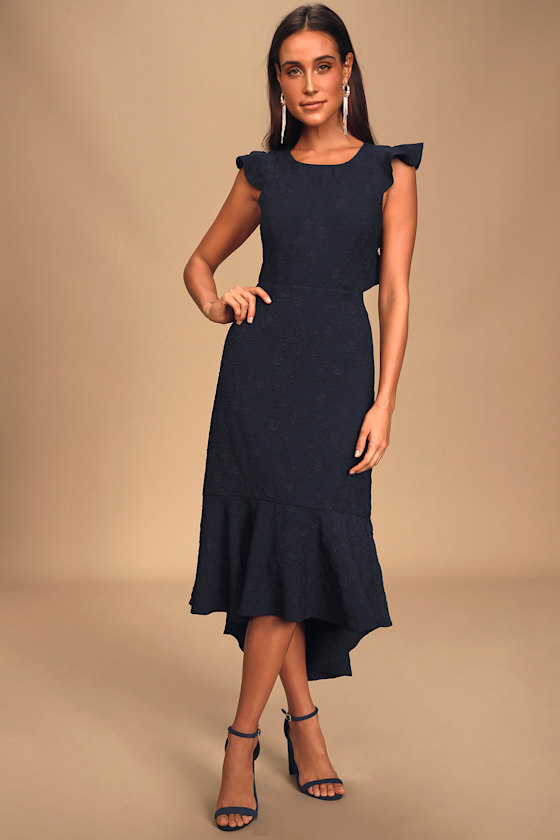 Sophisticated Soiree Navy Blue Jacquard Backless High-Low Dress 2