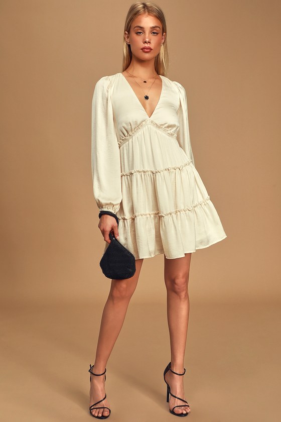 Chic Cream Dress - Satin Dress - Tiered ...