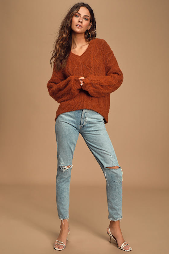 Keep You Close Rust Orange Cable Knit Sweater 5