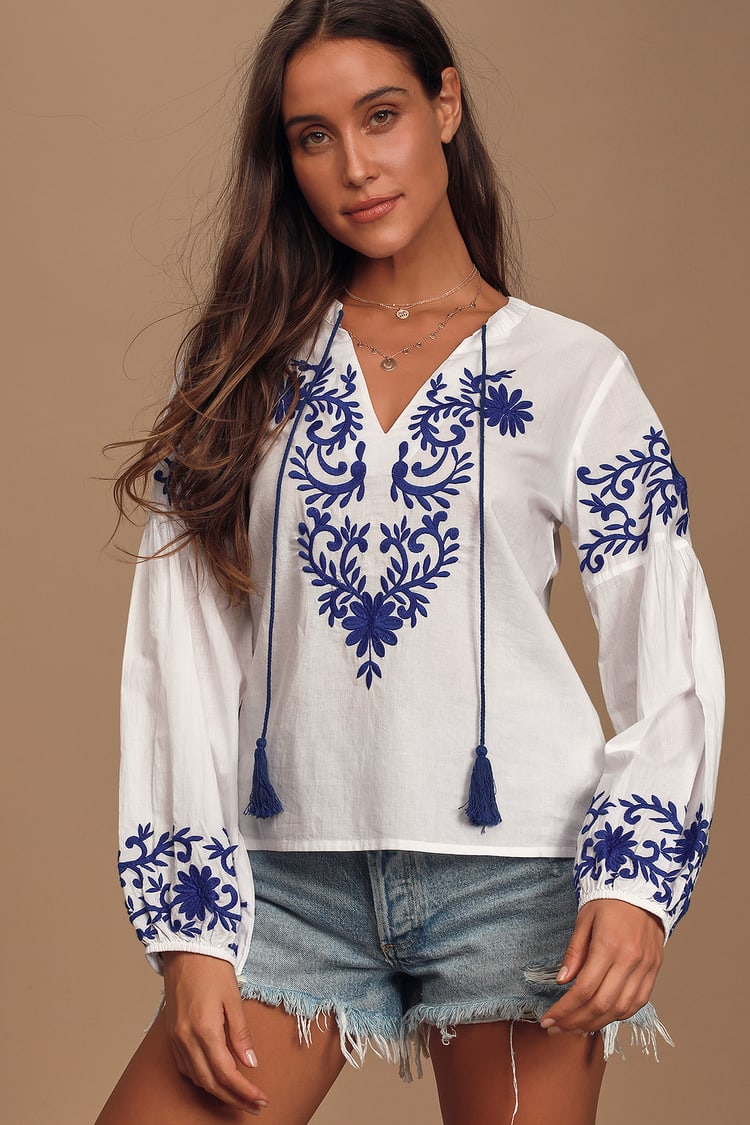 Believe In You Blue and White Embroidered Long Sleeve Top