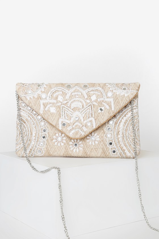 Mirror Intuition Beige and Silver Embroidered Clutch 1
