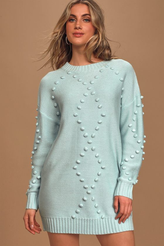 Pom Reader Light Blue Knit Pom Pom Mini Sweater Dress 2