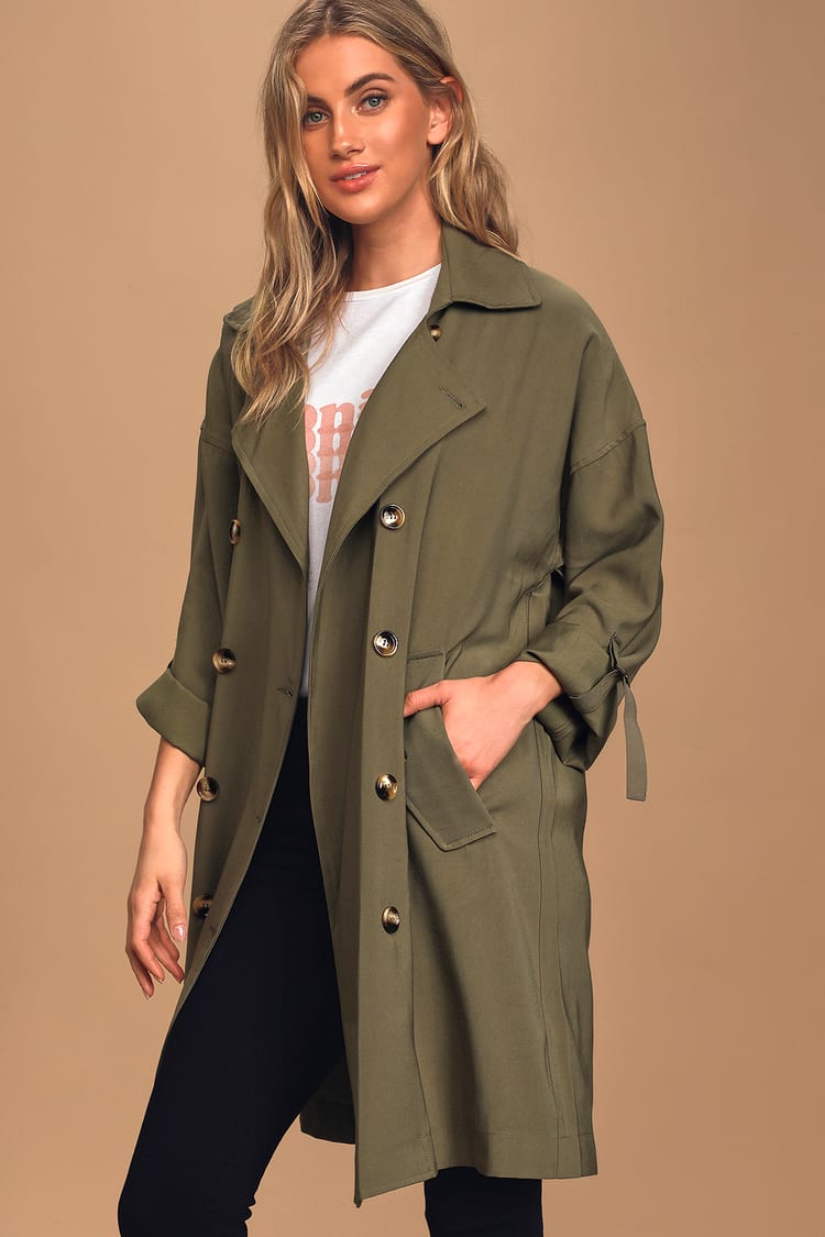 Olive Green Coat - Lightweight Trench Coat - Double Breasted Coat - Lulus