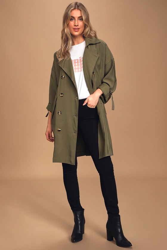 - Lulus Green Double Breasted Coat Coat - - Lightweight Trench Coat Olive