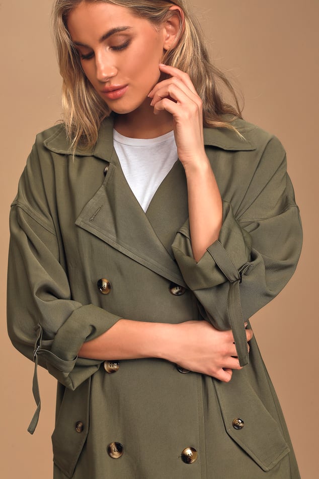 Olive Green Coat - Lightweight Trench Coat - Double Breasted Coat - Lulus