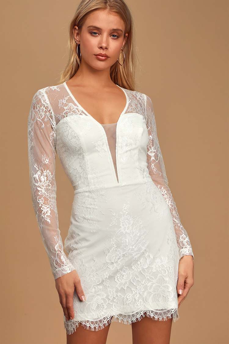 Ready Or Hot White Lace Long Sleeve Bodycon Mini Dress Ready Or Hot White Lace Long Sleeve Bodycon Mini Dress