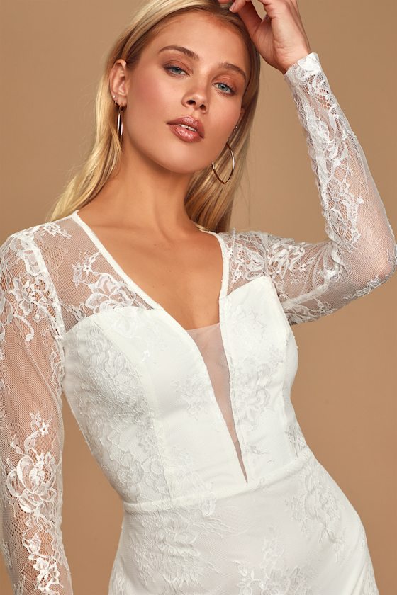 Ready Or Hot White Lace Long Sleeve Bodycon Mini Dress 3