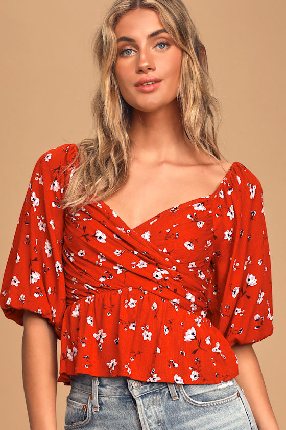 Yes Breeze Red Floral Print Puff Sleeve Top 2