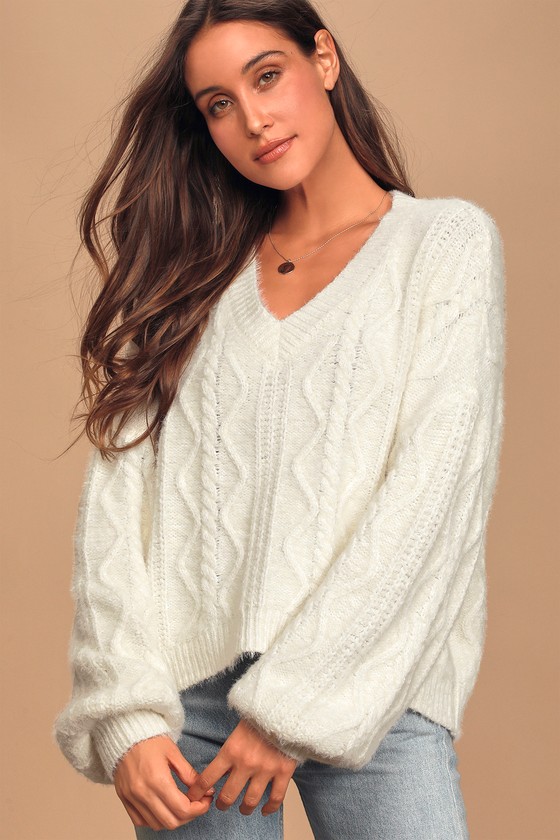 Cozy Cream Sweater - V-Neck Sweater - Balloon Sleeve Sweater - Lulus