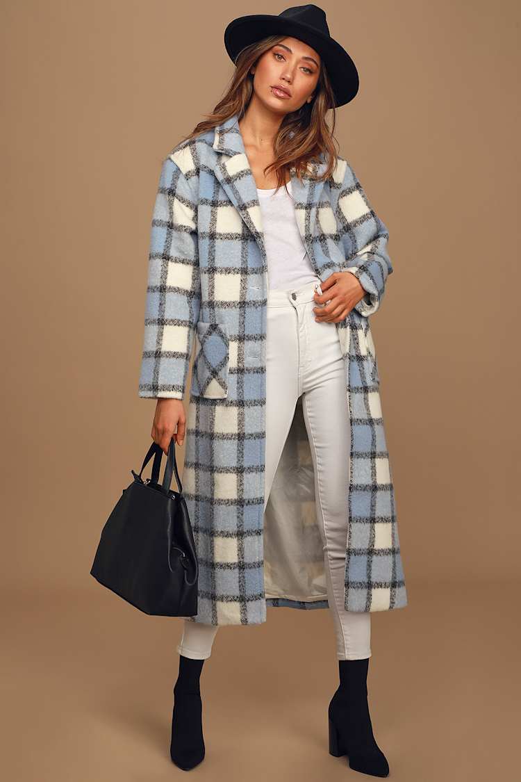 Warm Front Light Blue Plaid Coat