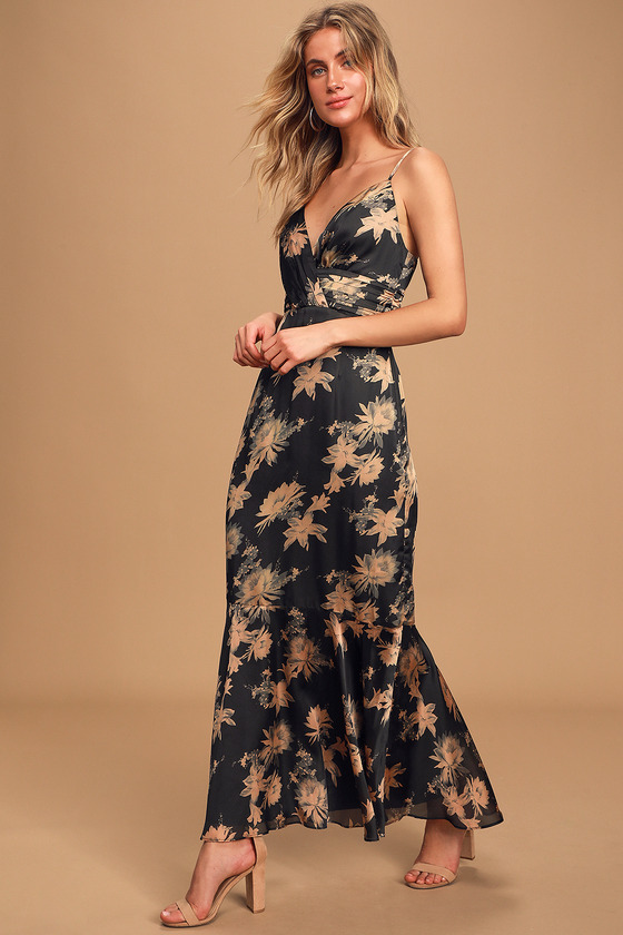 Black Floral Print Dress Maxi Dress Satin Maxi Dress Lulus