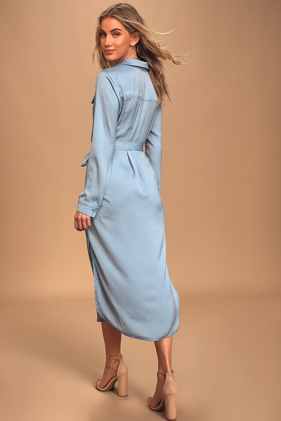 blue satin shirt dress