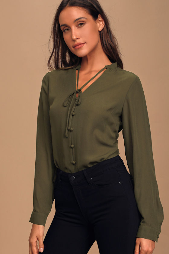 Pretty Olive Green Blouse ButtonUp Blouse Long Sleeve Blouse Lulus