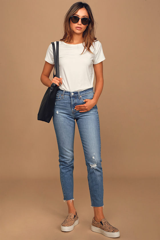 Wedgie Icon Fit Medium Wash High-Rise Distressed Cropped Jeans 1