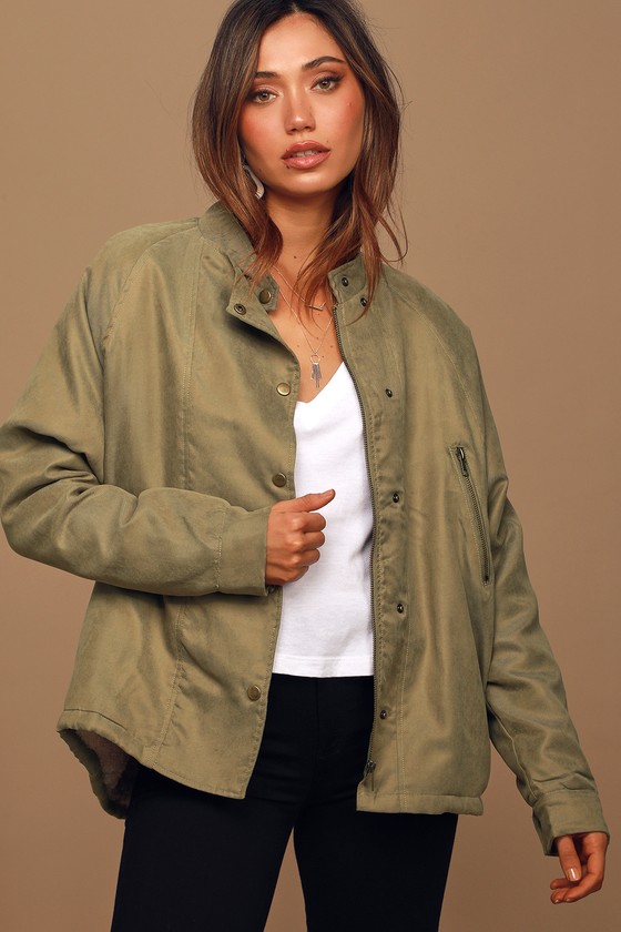 Cute Olive Green Utility Jacket - Faux Sherpa Lined Jacket - Lulus