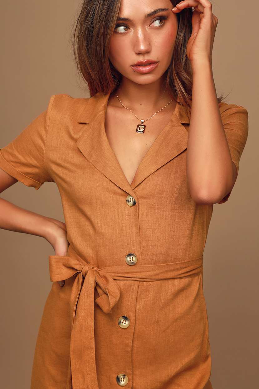 LUSH Rust Orange Dress - Midi Shirt Dress - Button-Front Dress - Lulus