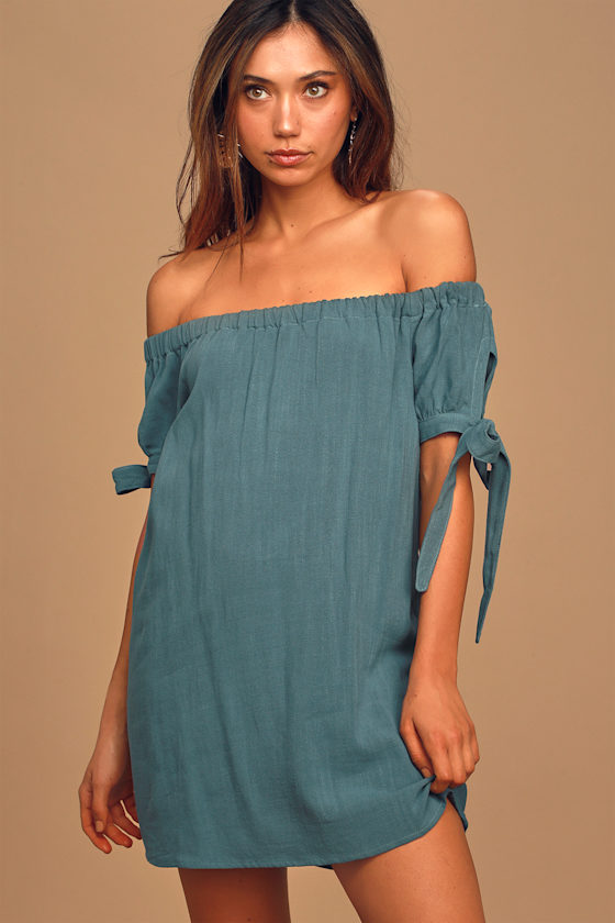 slate blue off the shoulder dress