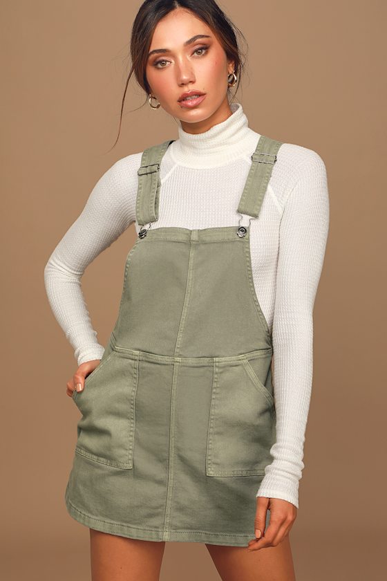 Olive Green Denim Overall Dress Overall Dress Denim Dress Lulus