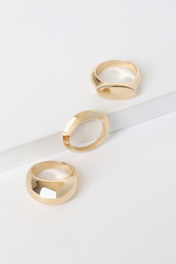 Gold Ring Set - Flat Bar Side Ring - Dome Ring - Flat Dome Ring - Lulus