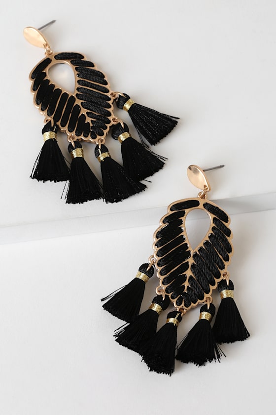 Boho Earrings - Gold and Black Tassel Earrings - Leaf Earrings - Lulus