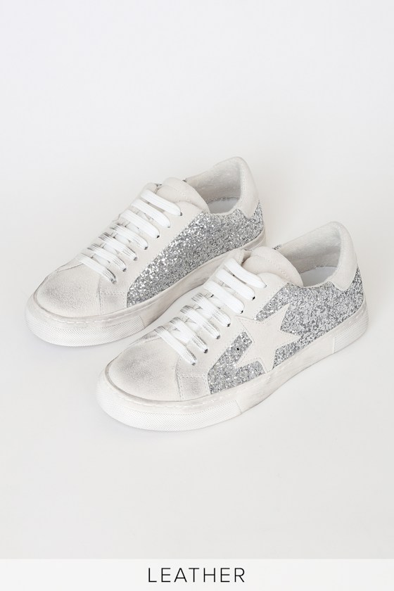 Rubie Silver Glitter Suede Leather Distressed Sneakers 2