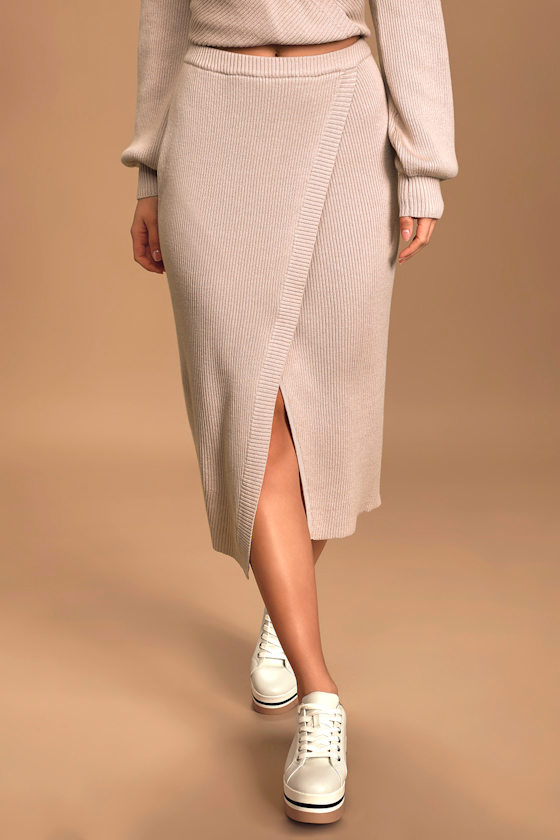 Loving Feelings Taupe Ribbed Faux Wrap Midi Skirt 2