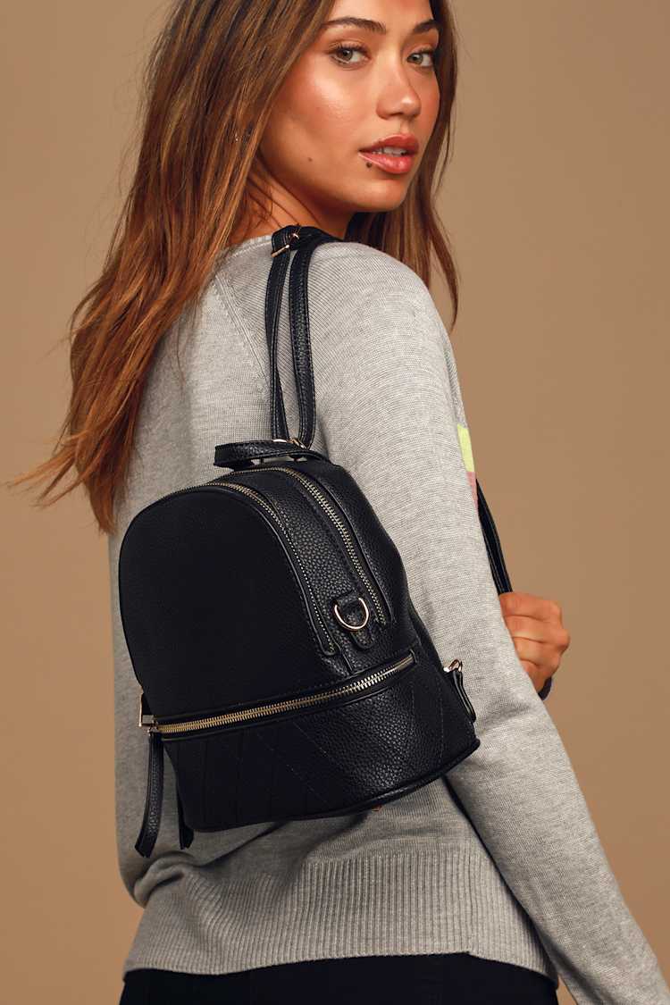 Black Leather-Look Zip Front Mini Backpack