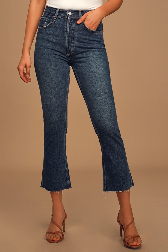 high rise dark wash flare jeans