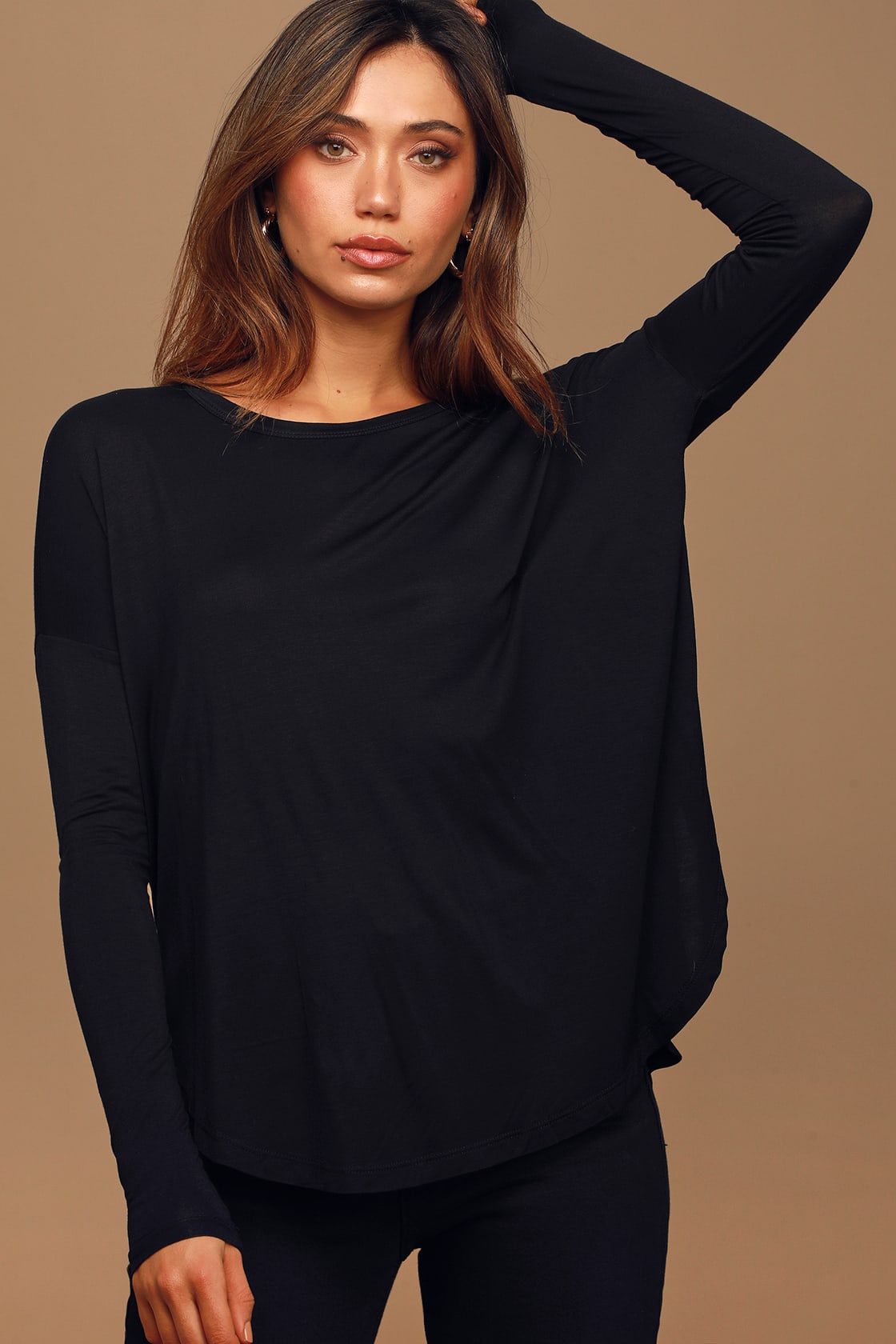 Cute Black Top - Long Sleeve Shirt - Dolphin Hem Top - Lulus