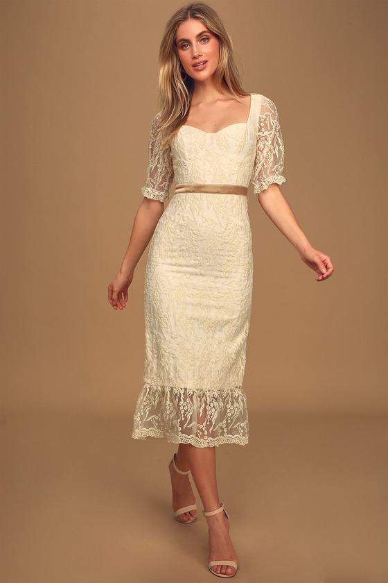 Cream Embroidered Midi Dress - Ruffled Dress - Sheath Dress - Lulus