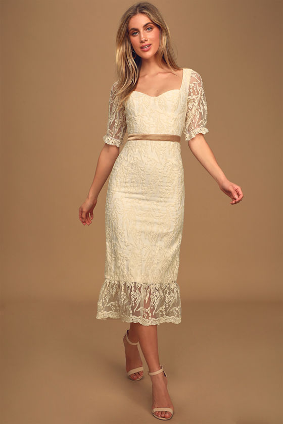 Sweetheart Like You Cream Embroidered Ruffled Midi Dress 2