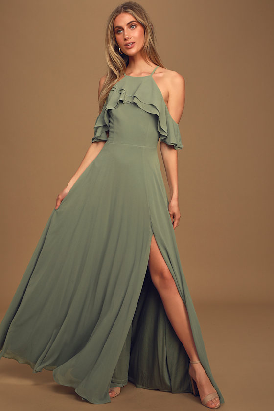Stun and Only Sage Brush Ruffled Off-the-Shoulder Maxi Dress 1